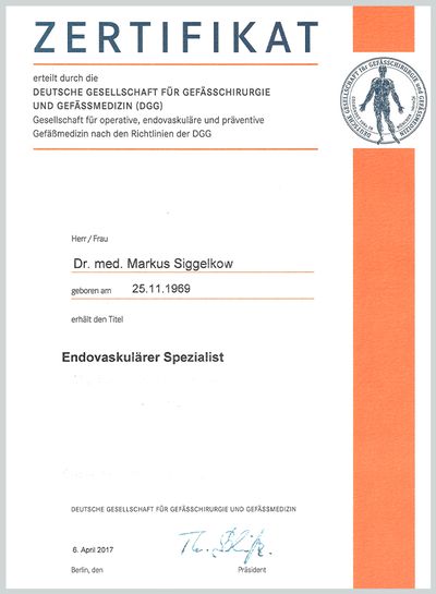 Zertifikat Endovaskulärer Spezialist Dr. med. Markus Sieggelkow
